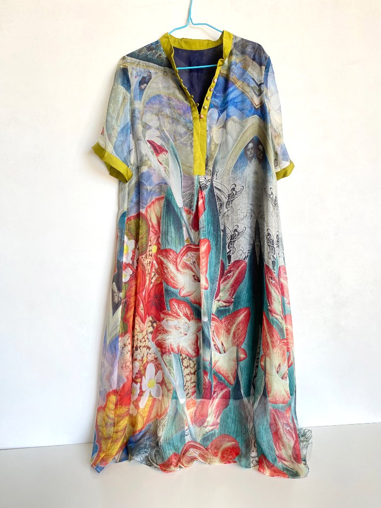 Asian Floral Art To Wear Silk Dress Sheer Double Layered Size M